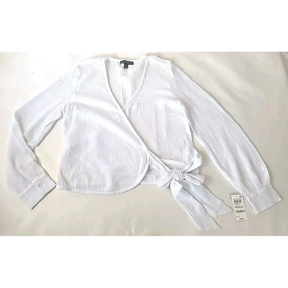 Inc International Concepts Blouse SzM Bright White  Wrap Tie Front 100% Cotton